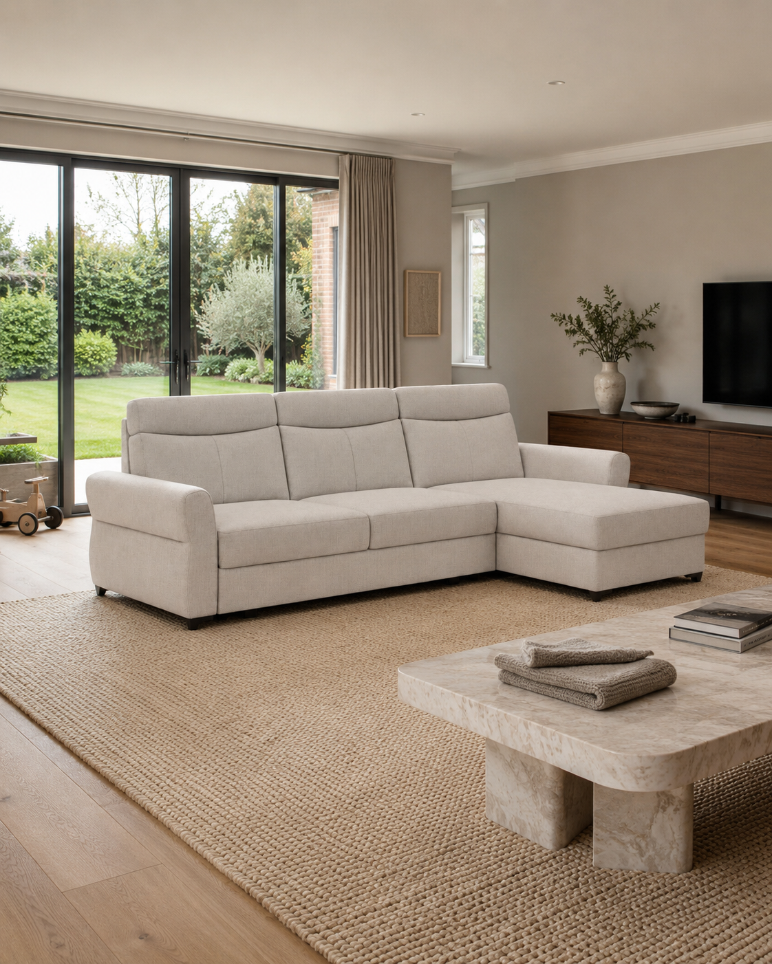 Murphy Corner Sofa L-Shape in Maya 3 beige in a contemporary interior