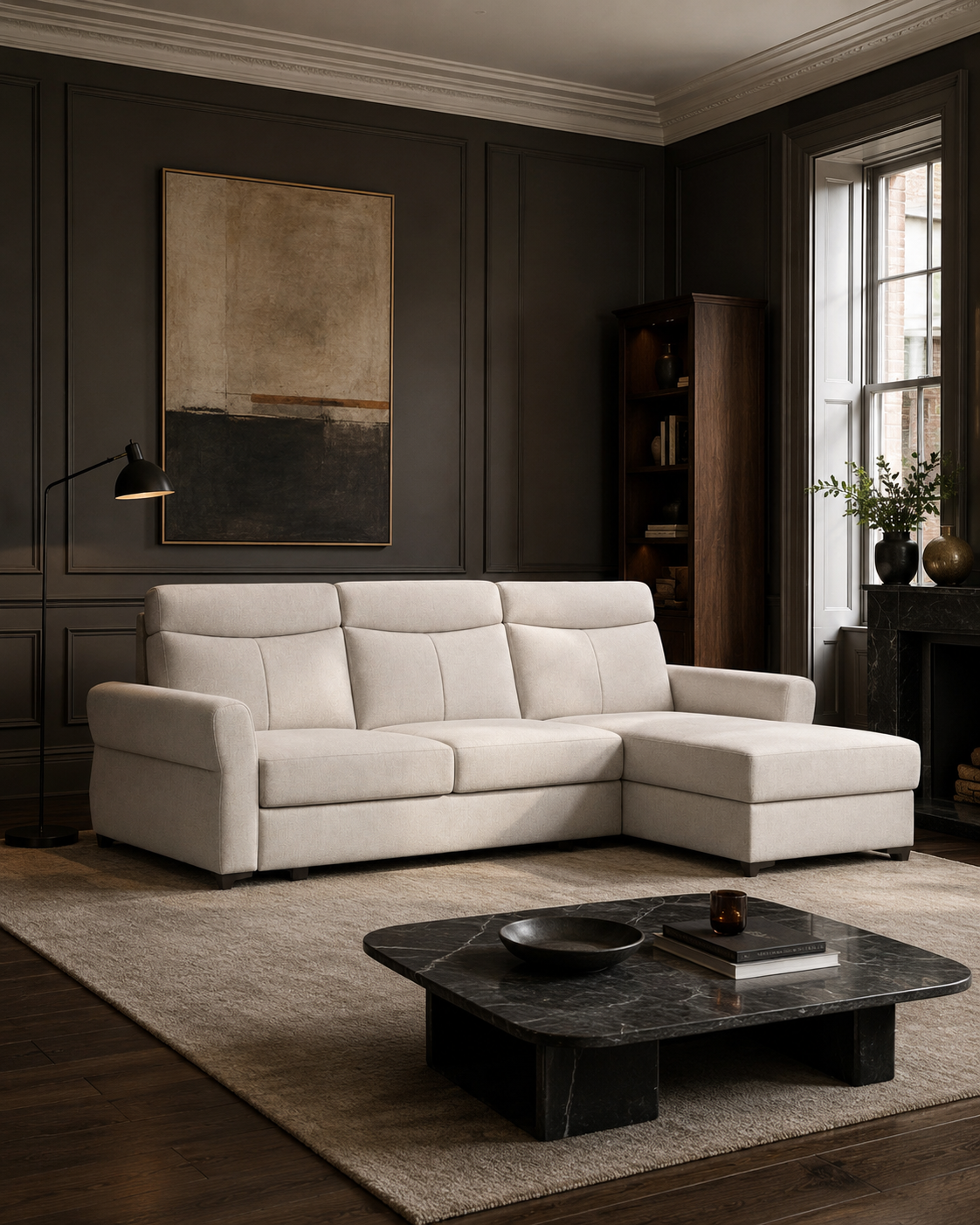 Murphy Corner Sofa L-Shape in Maya 3 beige in a dark contemporary interior