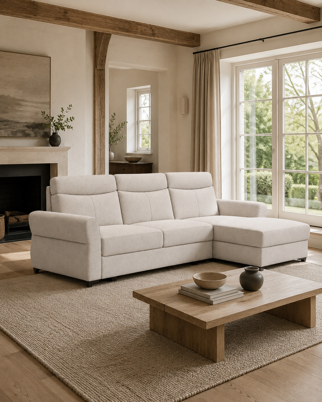 Murphy Corner Sofa L-Shape in Maya 3 beige in a warm modern interior