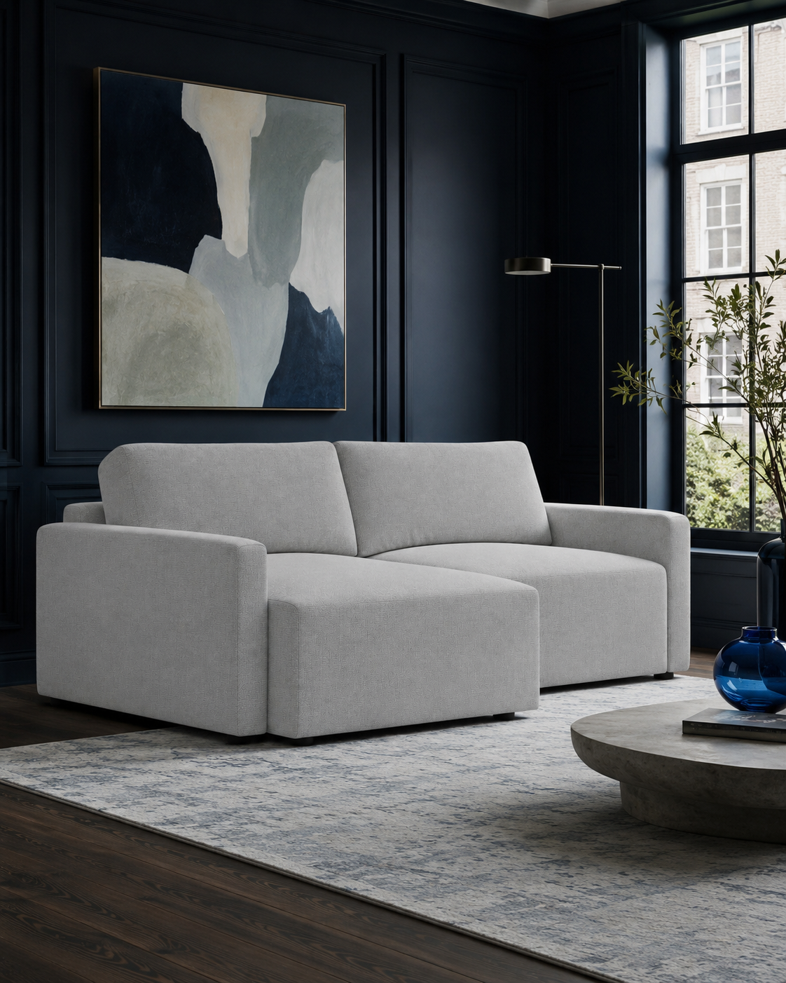 Novoli Corner Sofa L-Shape Small in Maya 20 fabric in a dark blue interior