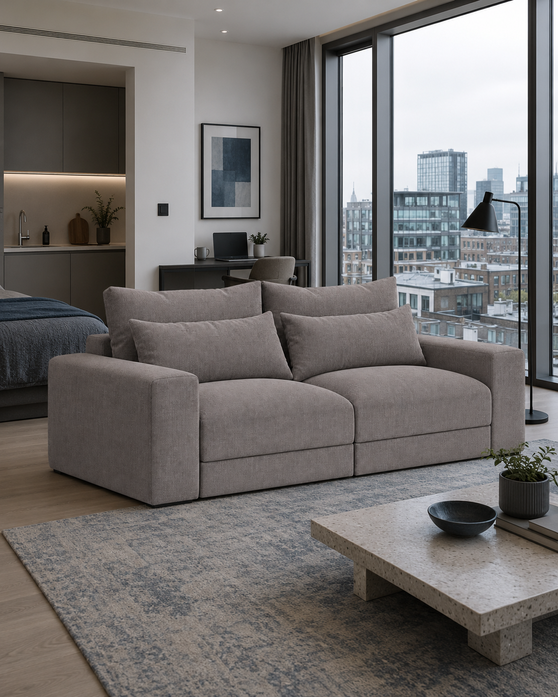 Oxy Sofa 3-Seater Straight in Maya 18 fabric in a contemporary London city apartment