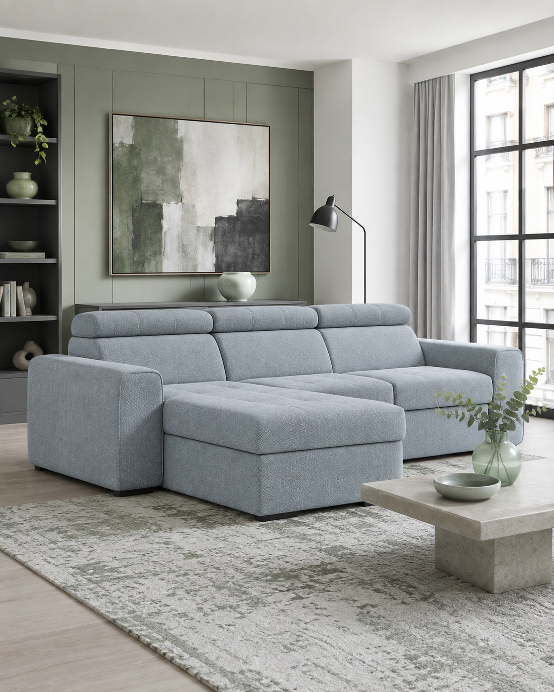 Rimini Corner Sofa in Storm 70 silver fabric in a contemporary interior