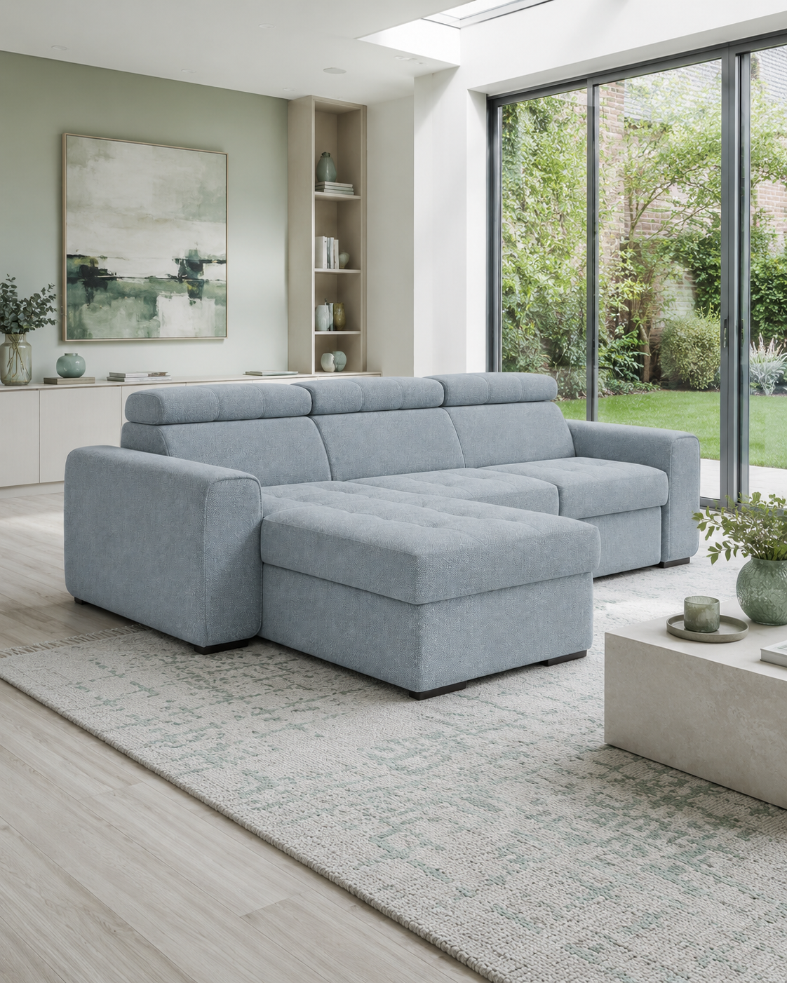 Rimini Corner Sofa in Storm 70 silver fabric in a light modern interior