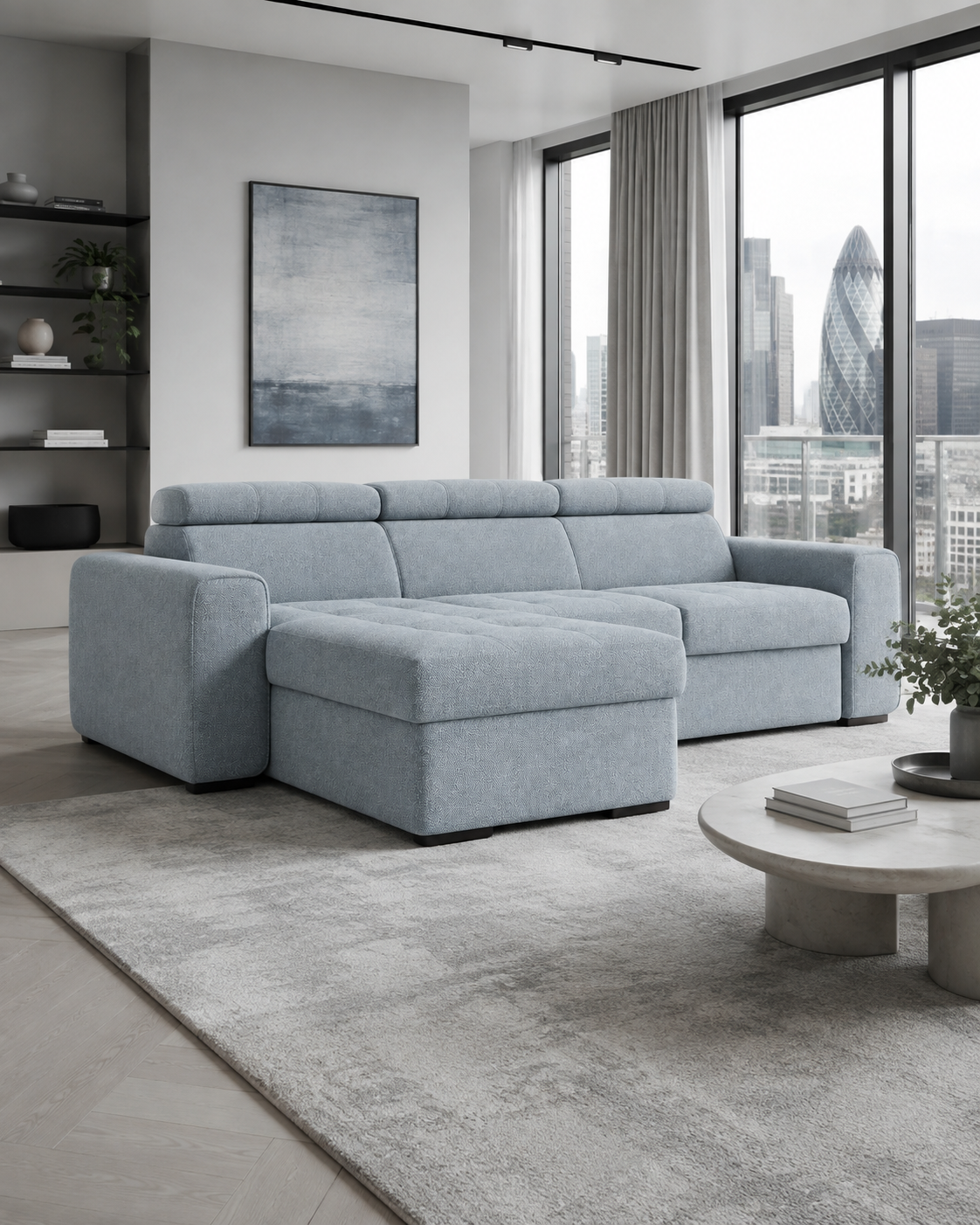 Rimini Corner Sofa in Storm 70 silver fabric in a London city interior