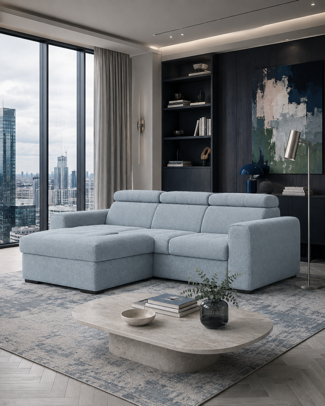 Rimini Corner Sofa in Storm 70 silver fabric in a dark contemporary London interior