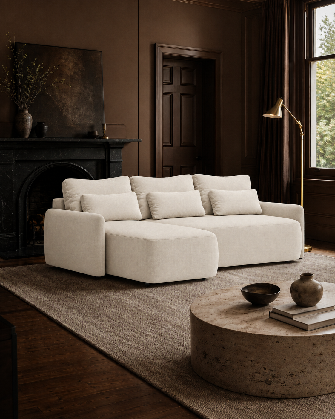 Veledi Corner Sofa L-Shape in Maya 3 fabric in a dark elegant interior